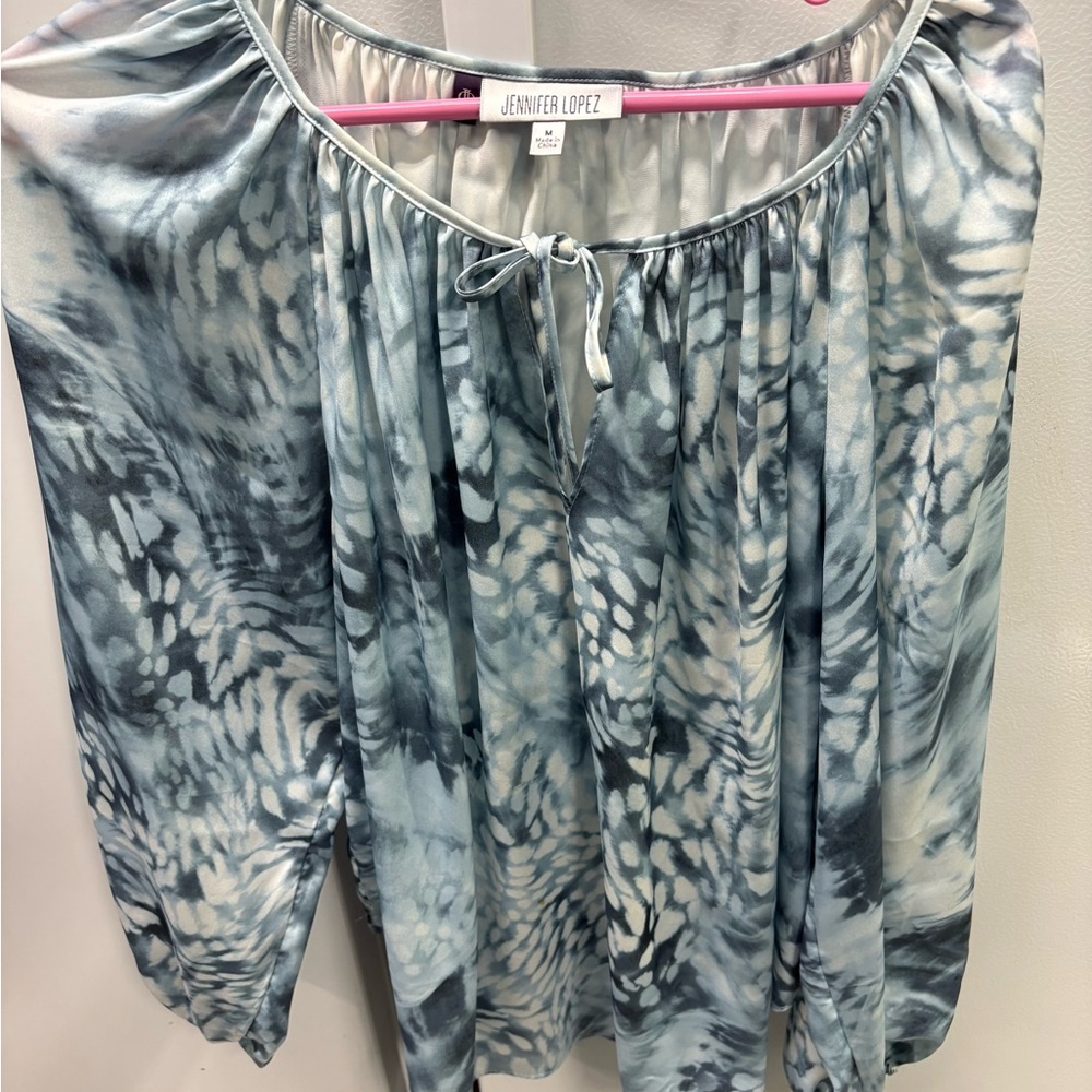 Jennifer Lopez Blue and White Patterned Blouse